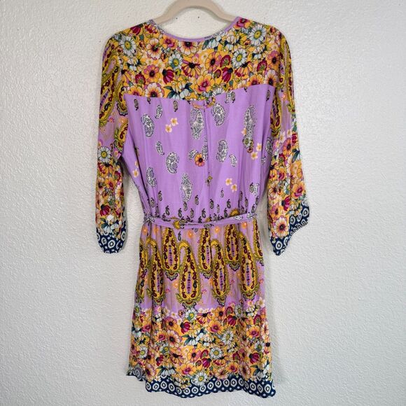 Fig and Flower Dress Womens Medium Floral Paisley Belted Tie Rayon Anthropolgie - Picture 6 of 10